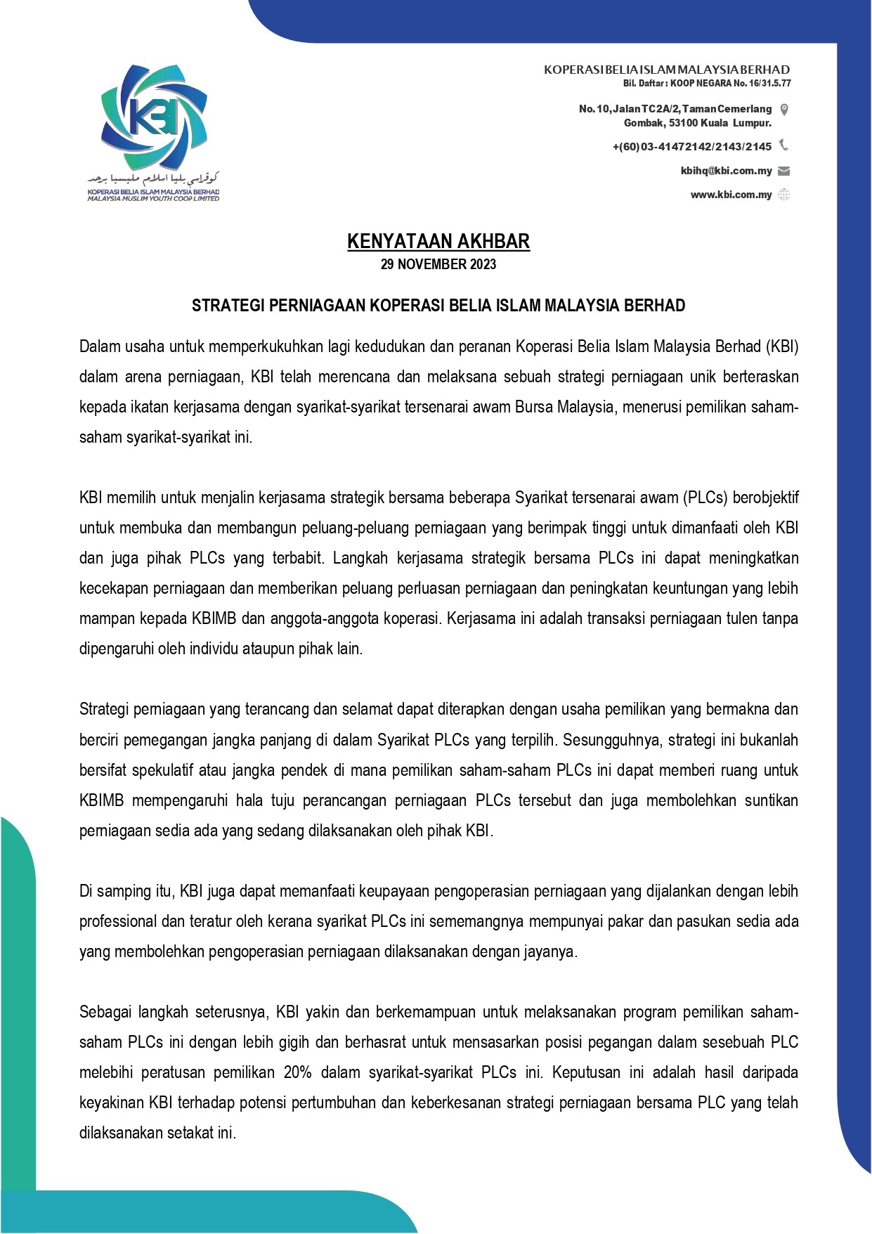 Kenyataan Akhbar – Strategi Perniagaan Koperasi Belia Islam Malaysia Berhad